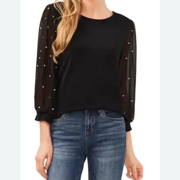 Cece | Faux Pearl Sheer Sleeve Top | Black | Women’s Small - Picture 6 of 6